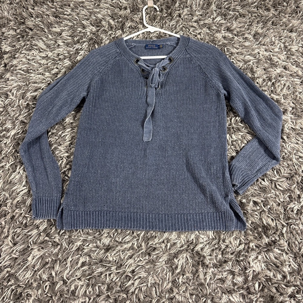 Vintage Polo Ralph Lauren Womens Blue 100% Linen Lace Up Pullover Sweater Sz M